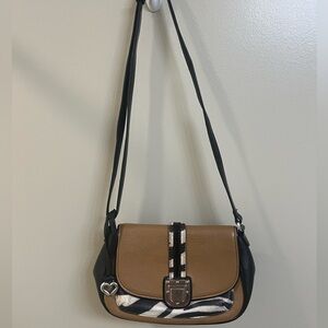 Brighton Tan Leather Flap Over Crossbody Shoulder Bag Zebra Print